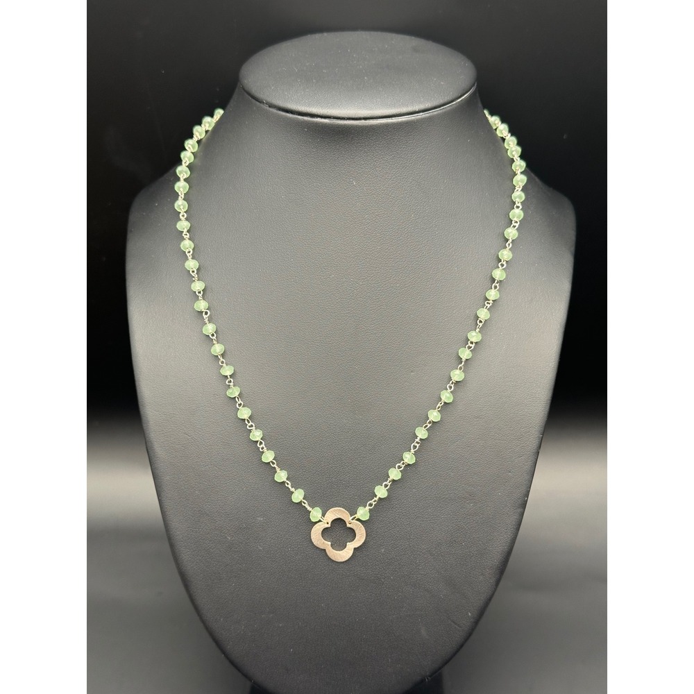 Emerald Gemstone Beaded Clover Necklace‎ Sterling Silver .925